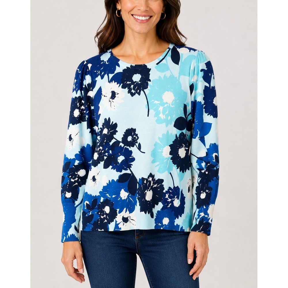 Talbots Floral Sweater Women Mp Blue Teal Puff Sleeve Cotton Tencel Coastal